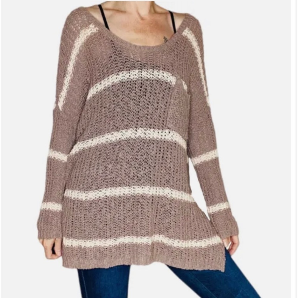 Free People neutral stripe oversized open weave lightweight sweater - Med